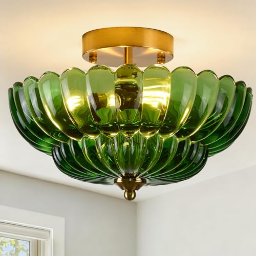 Semi Flush Mount Ceiling Light Green Crystal Glass Fixture - 12" Vintage Gold Close to Ceiling Lamp for Bedroom Hallway Kitchen Entryway, Mid Century Modern Art Deco Lighting (3-Light, E26 Base)
