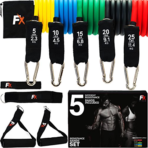 Bandas Elásticas Resistencia de Tensión Set 5 - Correas para Ejercicios Fitness Entrenamiento Gimnasio Crossfit - Manijas Ancla de Puerta Tobillo y Llevar Bolso Hombres Mujeres - 2 Años de Garantía
