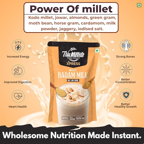 Image of Trumillets Xpress - Healthy Millet Drink - Instant Mix | Nutrition for Adults (Men & Women), Kids- Health, Strength and Energy| No Preservatives| Gluten Free| Popped Ragi Milk & Badam Milk (Pack of 2)
