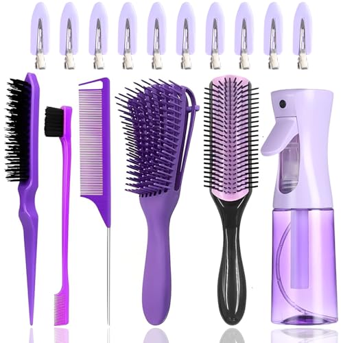 WhaleO Brosse pour Cheveux Bouclés et Naturels - Kit avec Peigne à Queue, Brosse Démêlante pour Cheveux Crépus, Vaporisateur et Pince
