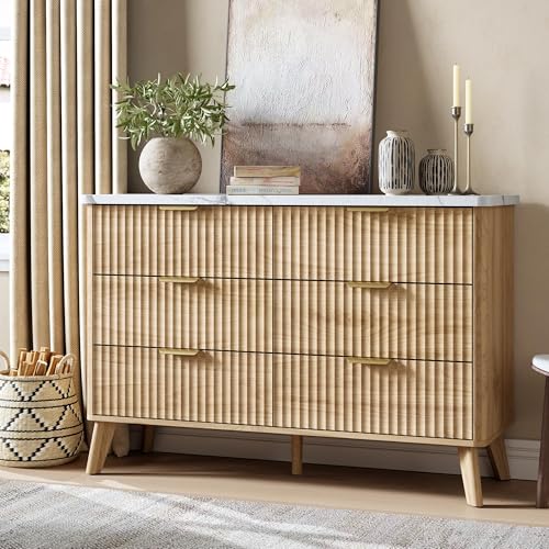 Garvee 6 Drawers Dresser for Bedroom, 47.2" Wide Dressers with Curved Profile Design, Fluted Wood Drawers with Gold Handle, Modern Chest of Dressers w