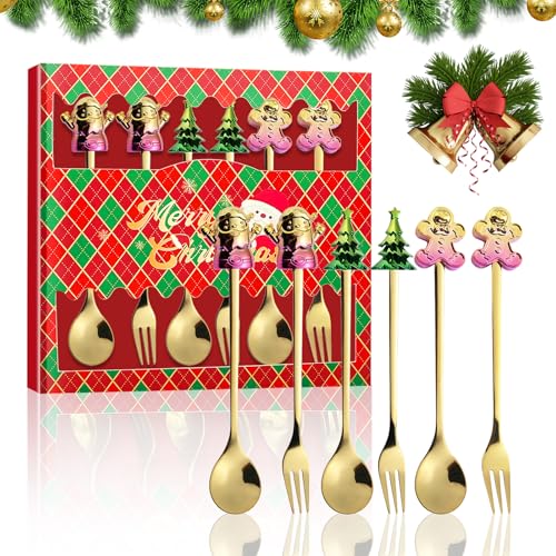 Juego de 6 Cubiertos de Navidad,Cucharas de Navideñas,Cucharas Doradas para Tartas,Cubiertos de Navidad con Caja de Regalo, Apto para bar, decoración de mesa