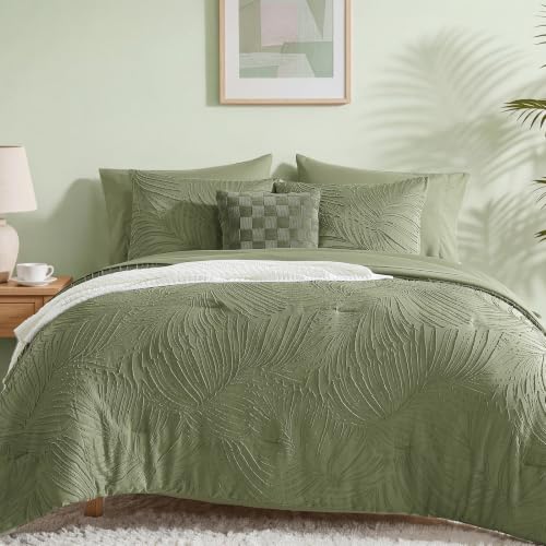 Image of Geniospin King Size Comforter Set, 7 Pieces Olive Green Bed in a Bag King Bedding Set, Soft Tufted Bed Set with Comforter, Sheets, Pillowcases & Shams for All Season