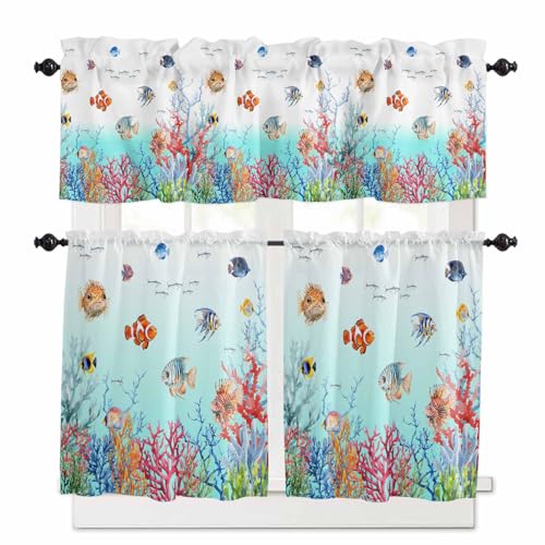 Turquoise Ocean Life Kitchen Curtains 24 Inch Length, 3 Piece Rod Pocket Small Half Tiers and Valance Set, Summer Coastal Coral Fishes Small Large Window Treatment Decor for Bedroom/Bathroom Sink