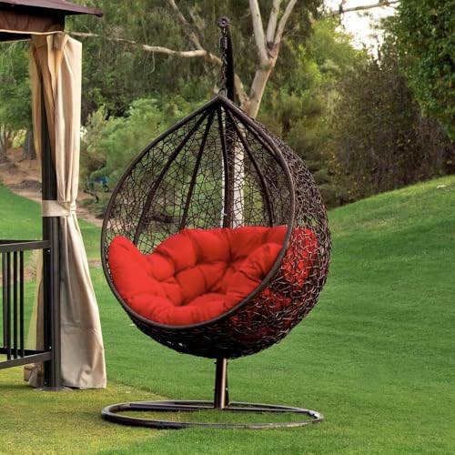Image of Single Seater Swing Chair with Stand & Cushion Outdoor Indoor Balcony Garden Patio, Powder Coated Frame, UV-Protected Wicker, Premium Cushion, Swing Chair (Brown-RED)