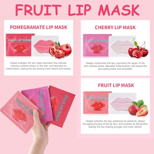 ARCHIDATE Fruchtlippenmaske Lip Sleeping Mask - 15 Stück Lip Mask mit Kirsche-Erdbeere-Granatapfel - Lippenpflege Feuchtigkeit Lippenmaske - Lip Mask Pad Set - Verblassende Lippenlinien Lippenpeeling