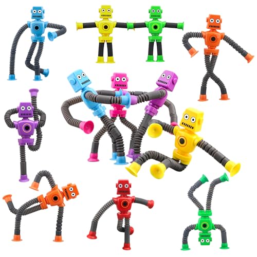 Image of Dilabnba 12 PCS Suction Cup Fidget Pop Tube Robot Sensory Toys - Transformable Telescopic Tube, Travel Toys for Kids Toddlers Stocking Stuffer Gift