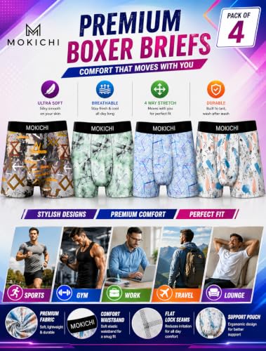 Image of Men's Printed Trunks | Boxer Brief Underwear with Broad Elastic Waistband and Contoured Pouch | Multicolour, Pack of 4