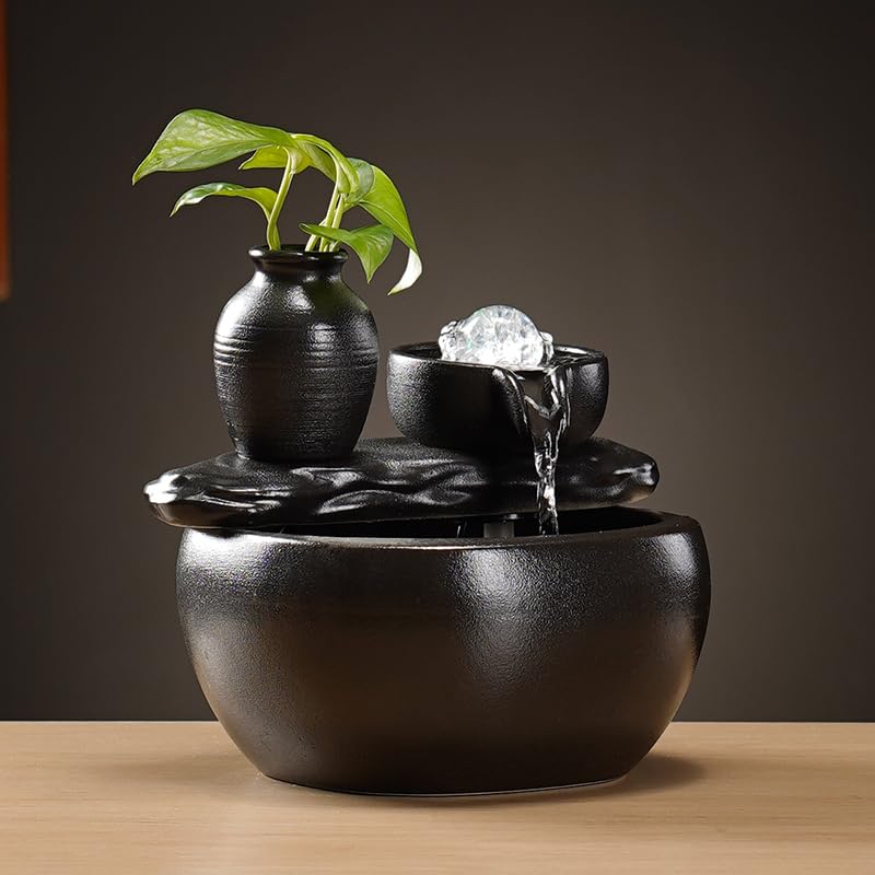 Fontaine à eau en céramique avec humidificateur, décorations d'aquarium pour la maison, le bureau, le salon, la décoration de bureau, petite fontaines cascade pour intérieur (sans humidificateur, noir