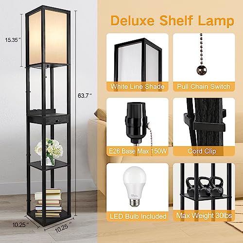 OUTON LED Floor Lamp with Shelves, Drawer, USB-C Ports, and AC Outlets - Modern Storage Lamp for Living Room, Bedroom, Office (Black)