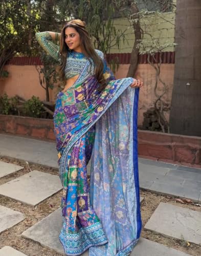 Image of Sidhidata Women's Chinon Ajrakh Printed Mirror Patch Work Saree With Unstitched Blouse Piece (Rangrez Blue Blue Free Size)