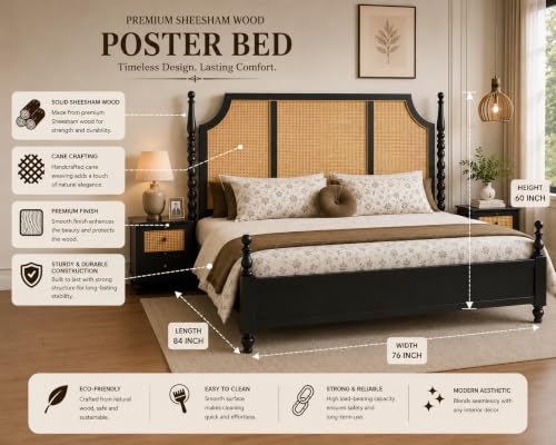 Image of Solid Sheesham Wood Poster King Size Poster Honeymoon Bed Without Storage with Designer Piller and Cane Crafting