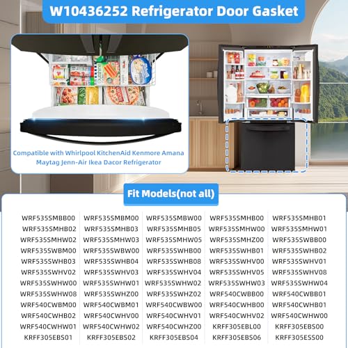 Image of UPGRADED W10436252 Freezer Door Gasket Compatible with Maytag, Amana, Jenn Air, Kenmore, KitchenAid, Whirlpool Refrigerator Freezer Door Gasket WRF535SMBM00 W10164041 W10131754 Freezer Door Seal Black