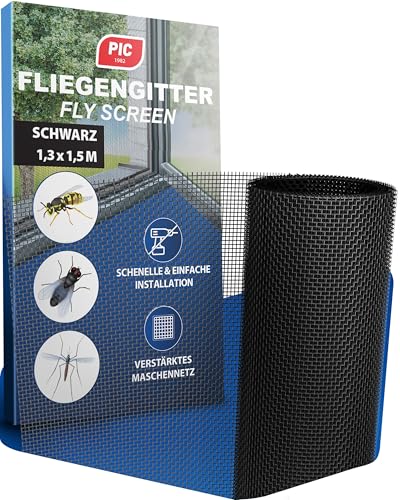 PIC Fliegengitter Fenster Schwarz - 130x150cm Insektengitter Fenster,...