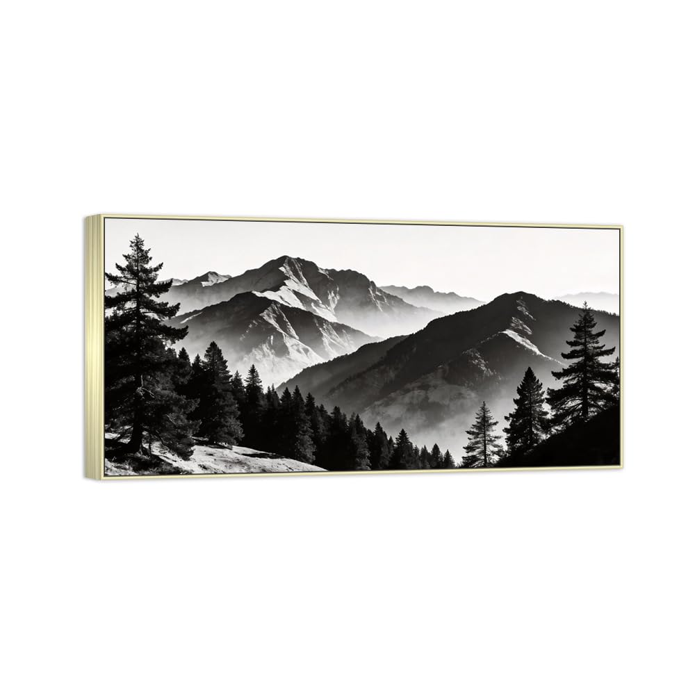 Tree Mountain 4 Black White Landscape Canvas Picture 20x40cm Silver Frame