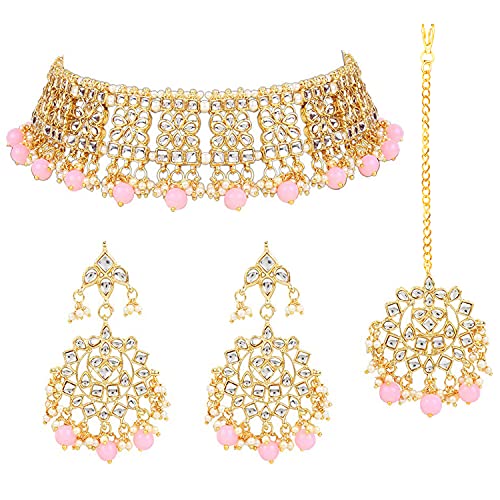 Image of Aheli Elegant Indian Faux Kundan Studded Choker Necklace with Maang Tikka Set Ethnic Wedding Wear Bharatanatyam jewellery set Gift for Women