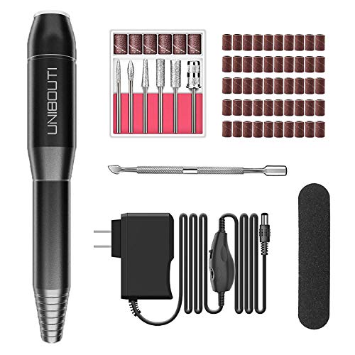 UNIBOUTI Portable Electric Nail Drill Professional Efile Nail Drill Kit for Acrylic Gel Nails, Manicure Pedicure Polishing Shape Tools with Nail Drill Bits and Sanding Bands - Black