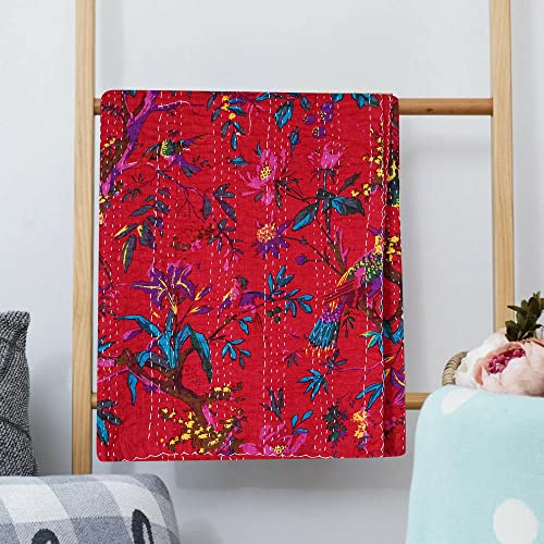 Fashionshopmart Indian Traditional Handmade Bird Print Twin Size Kantha Quilt Blanket Lightweight Bed Cover Bedspread Bedding Bohemian Décor 90X60 Inches #TOP5