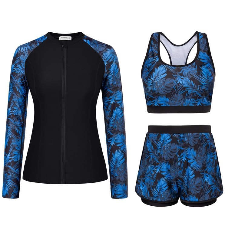 JASAMBAC 3-Teiliger Rash Guard Set Badeanzug Damen Bauchweg Langarm Badeshirts Bikini Oberteil Und High Waist Badeshorts Reißverschluss Bademode Surfanzug Sport Schwimmanzug