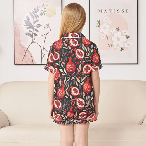 ALAZA Red Pomegranate Leaf Satin Pajamas Set Short Sleeve Button Down Sleepwear Summer Pjs 2 Piece4