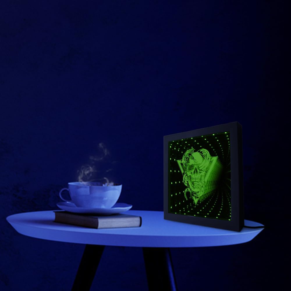 The Geeky Days Skull with Rattlesnake Animated LED Neon Light Mesmerizing Illusion Wood Frame Tunnel Lamp Skull with Snake Infinity Mirror Frame(11x11inch)
