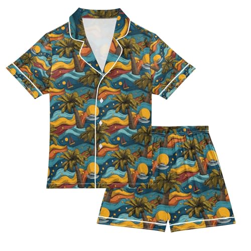 senya Sailboat Palm Sun Star Satin Summer Pajama Sets Silk Short Sleeve Button Down Sleepwear