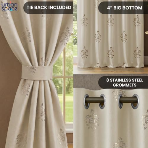 Image of Urban Space 100% True Blackout Curtains for Window, Gold Foil Printed Blackout Curtains, Blackout Decorative Window Curtain Eyelet with Tieback, 1 Piece Curtain for Living Room (Avni Beige, 5 Feet)