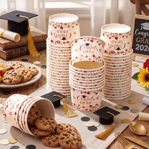 Image of Funnymoom 50 Pack Red Wildflower Graduation Ice Cream Cups 9 oz Class of 2026 Congrats Grad Disposable Dessert Snack Cups Floral Graduation Paper Soup Bowls for College High School Party Supplies