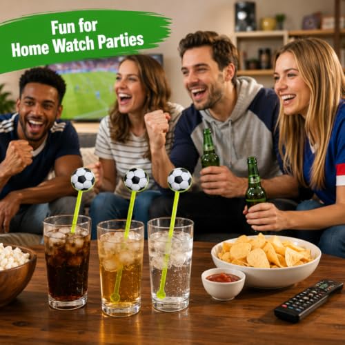 Image of Wanna Party Soccer Themed Neon Drink Stirrers, 6 Pcs Football Party Cocktail & Mocktail Stir Sticks for Birthday, Sports Party, Match Night, Table Decor & Drink Decoration
