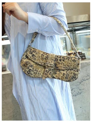 QWINEE Women's Y2K Leopard Print Shoulder Bag Denim Handbags Retro Cheetah Purses Top Handle Buckle Clutch Underarm Bag4
