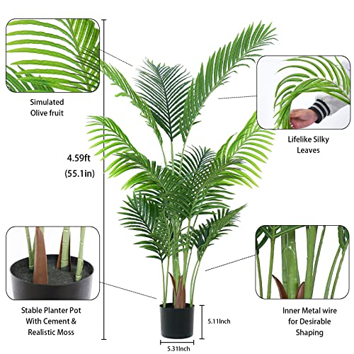 Hanamono 4.59Ft Artificial Palm Tree,Potted Faux Plants Large Tropical Areca Palm Trees Home Decor Indoor Outdoor 15 Trunks For Living Room/Bedroom/Office/Housewarming Gift W/Planter & Seagrass Basket #TOP2