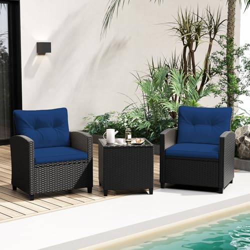 Image of Tangkula 3 Piece Patio Furniture Set, Rattan Conversation Set w /Soft Seat & Back Cushions, Tempered Glass Topped Coffee Table, Cushioned Wicker Seating Set for Backyard, Porch, Poolside