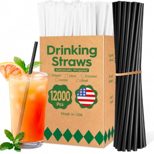 Disposable Drinking Straws,12000 Count,7.75"Long,0.23"Diameter，Black
