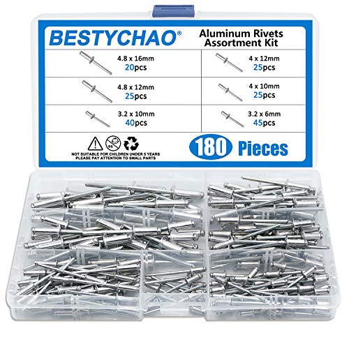 BESTYCHAO 180 pezzi 6 misure rivetti ciechi in alluminio, kit assortimento di rivetti pop (argento)