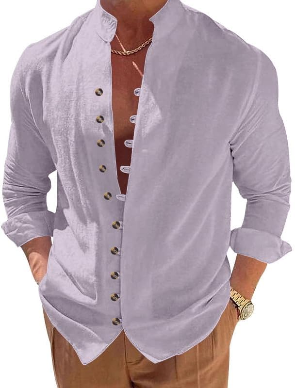 Men's Retro Casual Shirt - Long Sleeve Button Down Stand Collar Loose Fit Plain Shirt for Vacation Wear