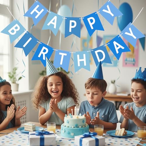 Image of Happy Birthday Banner Sign, Birthday Garland Wall Door Hanging Banners Flag for Women Men Boys Girls Party Backdrop Decorations, Personalized Name Banner White Letters Blue and Light Blue