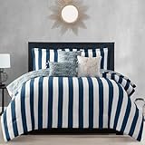 Juicy Couture Cabana Stripe Reversible Bedding Set - King Size - Royal Blue/White Stripe Print – 6 Piece Set – Includes 1 104' x 90' Comforter, 3 Decorative Pillows, 2 Shams
