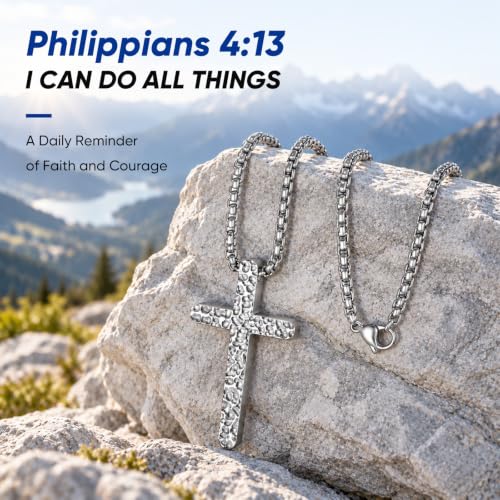 Hammered Cross Necklace for Men, Philippians 4:13 Bible Verse Cross Pendant - image 4