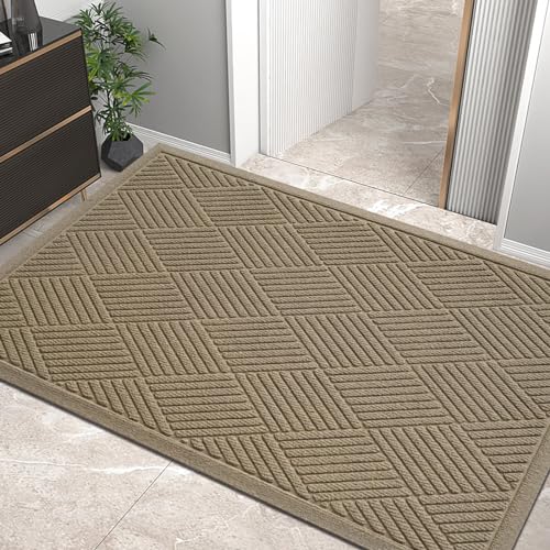 HIYARD Sturdy Front Door Mat, Absorbent Muddy Dirt Resist Welcome Door Mats Outdoor Indoor, Stain and Fade Resistant, Non-Slip Rubber Backing Low Profile Doormat for Entryway, 60×36, Beige