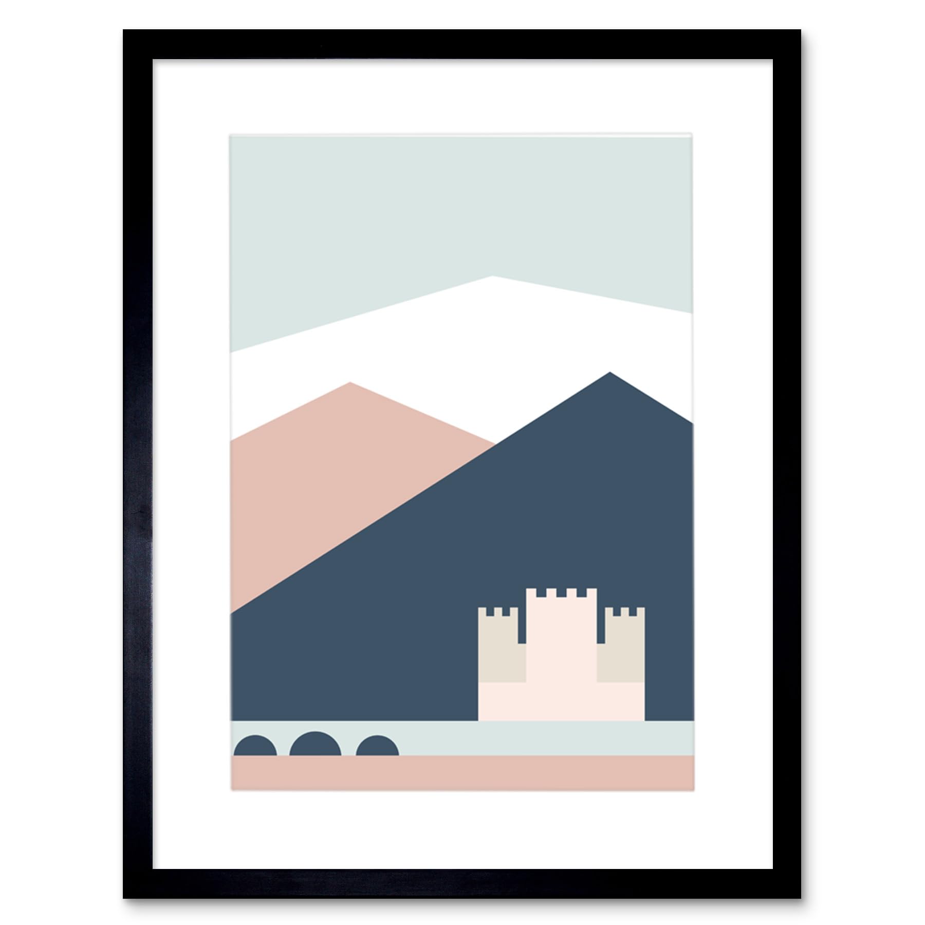 Wee Blue Coo Black Pastel Geometric Shapes Eilean Donan Castle Lochalsh Scotland Framed Art Print