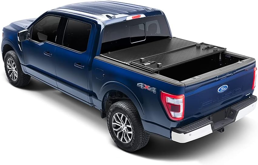 Enthuze T-Series Hard Fold Tonneau Cover partially folded on a truck bed