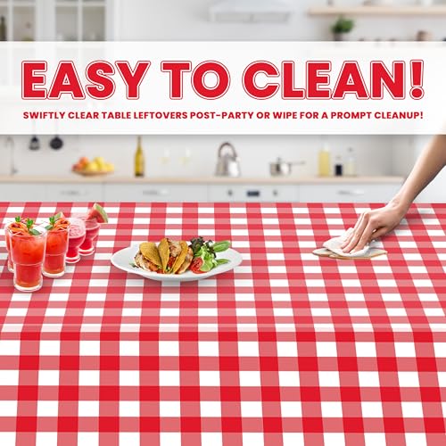 Image of Grandipity Plastic Table Cloth Disposable 12 Pack 54 inch x 108 inch Rectangle | Red Gingham Plastic table covers, durable disposable tablecloths, fade and tear-resistent table cover for party, event