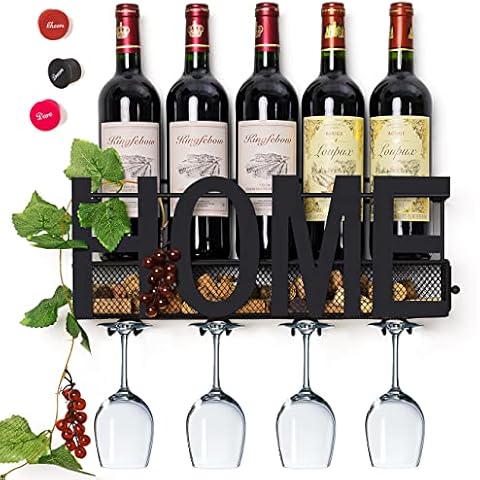 SODUKU Wall Mounted Metal Wine Rack 4 Long Stem Glass Holder & Wine Cork Storage Home Cover