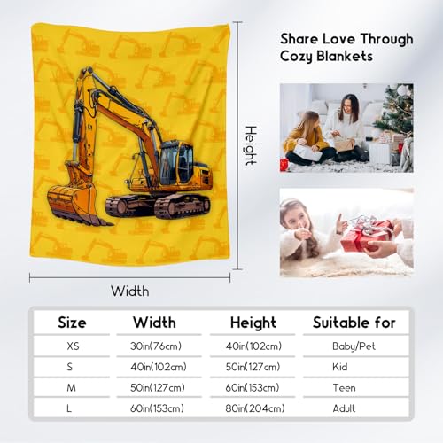 Toddler Blankets for Boys, Cozy Soft Excavator Throw Gifts for Kids, Yellow Flannel Construction Blankets for Bed Couch, 60x80 Inches