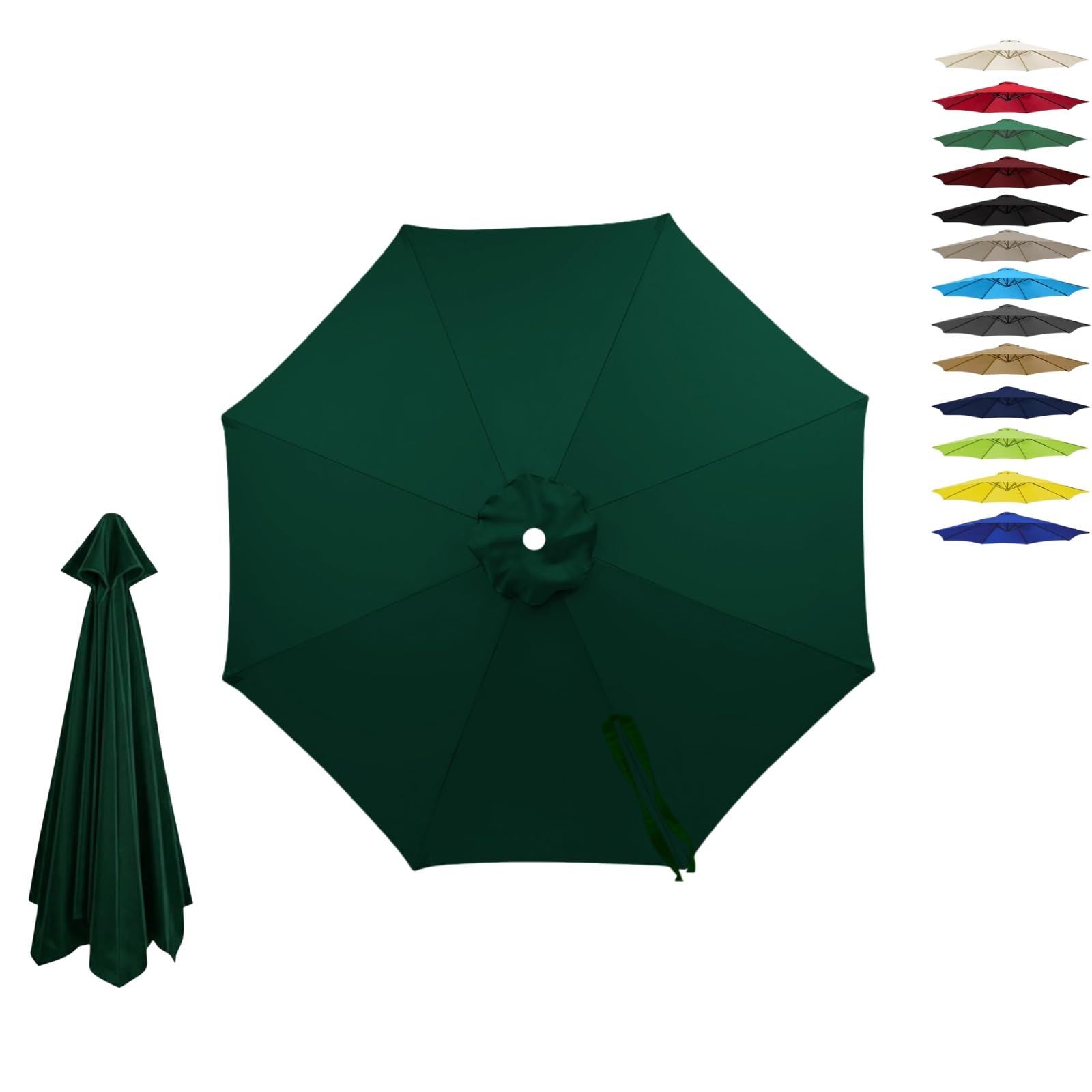 6/8 Ribs Replacement Parasol Canopy, Waterproof UV Garden Umbrella Cover 2.0m 2.15m 2.7m 3.0m 4.0m, Outdoor Replacement Parasol Canopy Fabric Only, Fade Resistant(Dark Green,6-RIBS-9.8FT/3.0m)