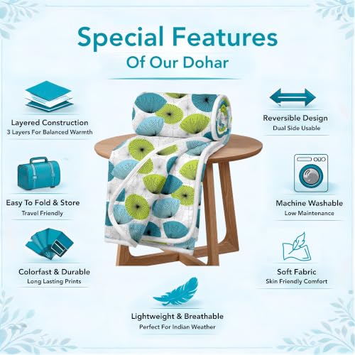 Image of Divine Casa Floret 100% Cotton Double Dohar | 120 GSM | Soft & Lightweight Throw Blanket | Reversible Design | Cozy & Breathable Bedding | All-Season Comfort | 220 x 205 CM, Aqua