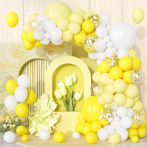 Teselife Ballon Jaune, 123 pcs Kit Arche Guirlande Ballon Latex Jaune Pastel Confettis Blanc pour Femmes Garçons Homme Filles Fêtes d'Anniversaire Baby Shower Mariage Bébé Douche Baptême Décoration