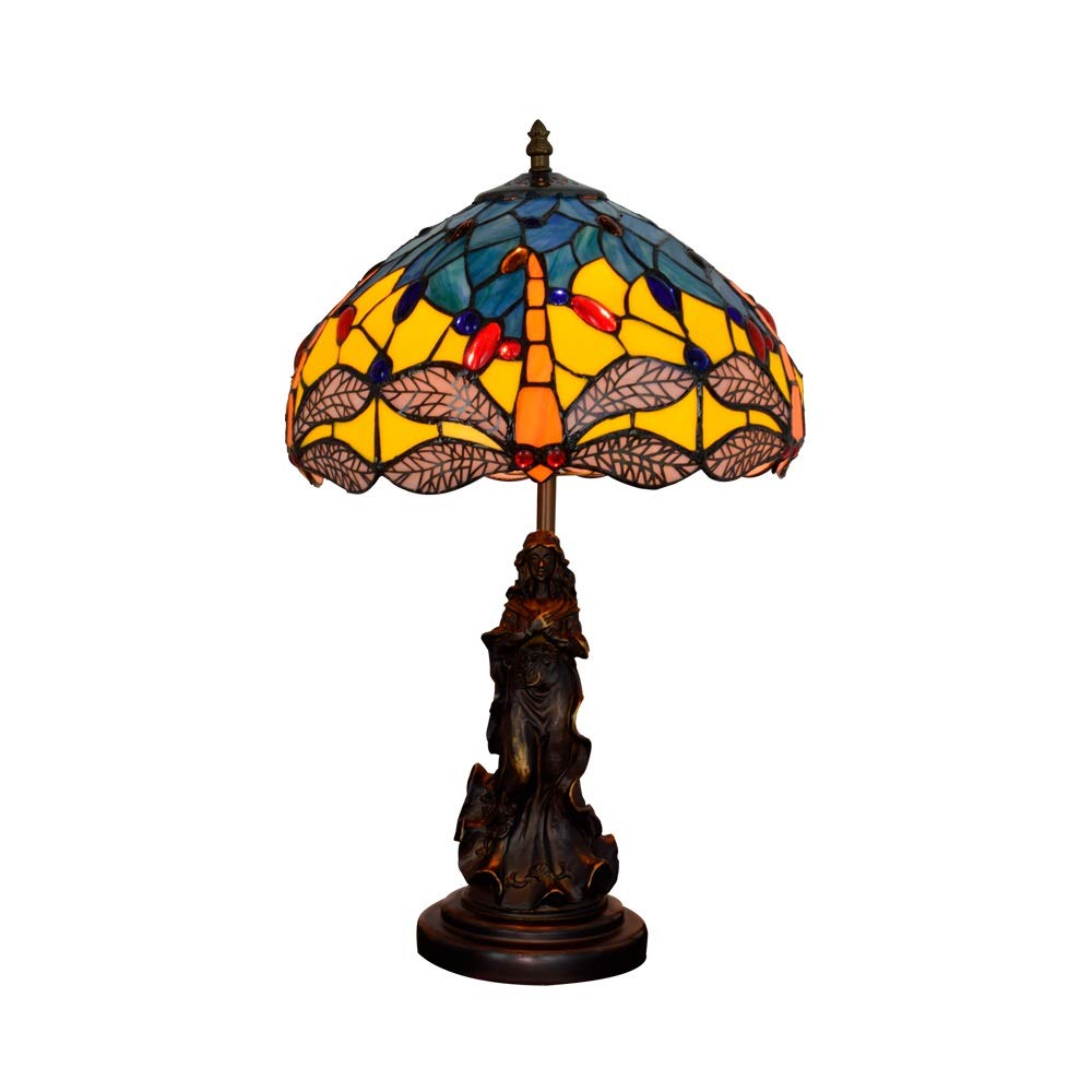 Aioneer 12 Inch Tiffany Stained Glass Table Lamp European Retro Yellow Dragonfly Living Room Dining Room Bedroom Bedside Lamp