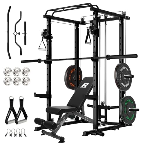 Image of RitFit Multi-Function Garage & Home Gym Package Includes 1200LBS Power Cage PPC03 /P3 with Cable Crossover System, Weight Bench, Olympic Barbell Weight Set, Full Body Workout