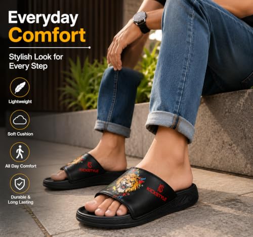 Image of Men's Slider with Lion Design | Comfort Footbed | Extra Soft Doctor Recommended Chappals | Stylish Designer Textured Sole | Lightweight Comfortable Slip-On Slippers KS 2006